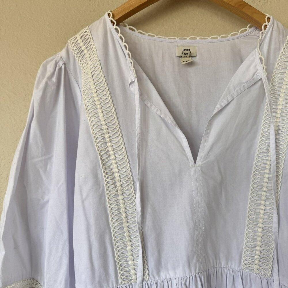 River Island Dress White Size 12 UK Size 8 US 3/4 Sleeve V Neck Crochet - Picture 2 of 8